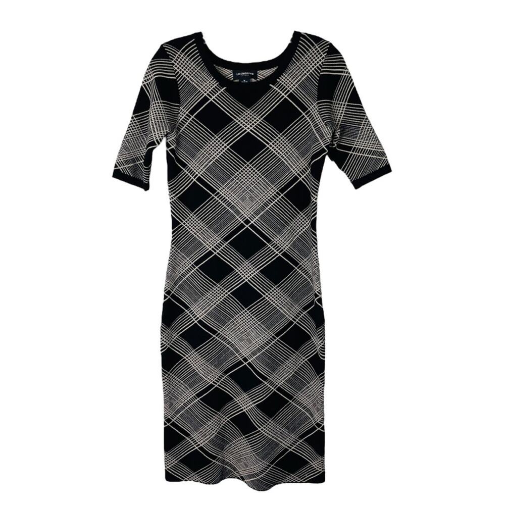 Liz Claiborne black cream plaid knit preppy office midi sweater dress medium